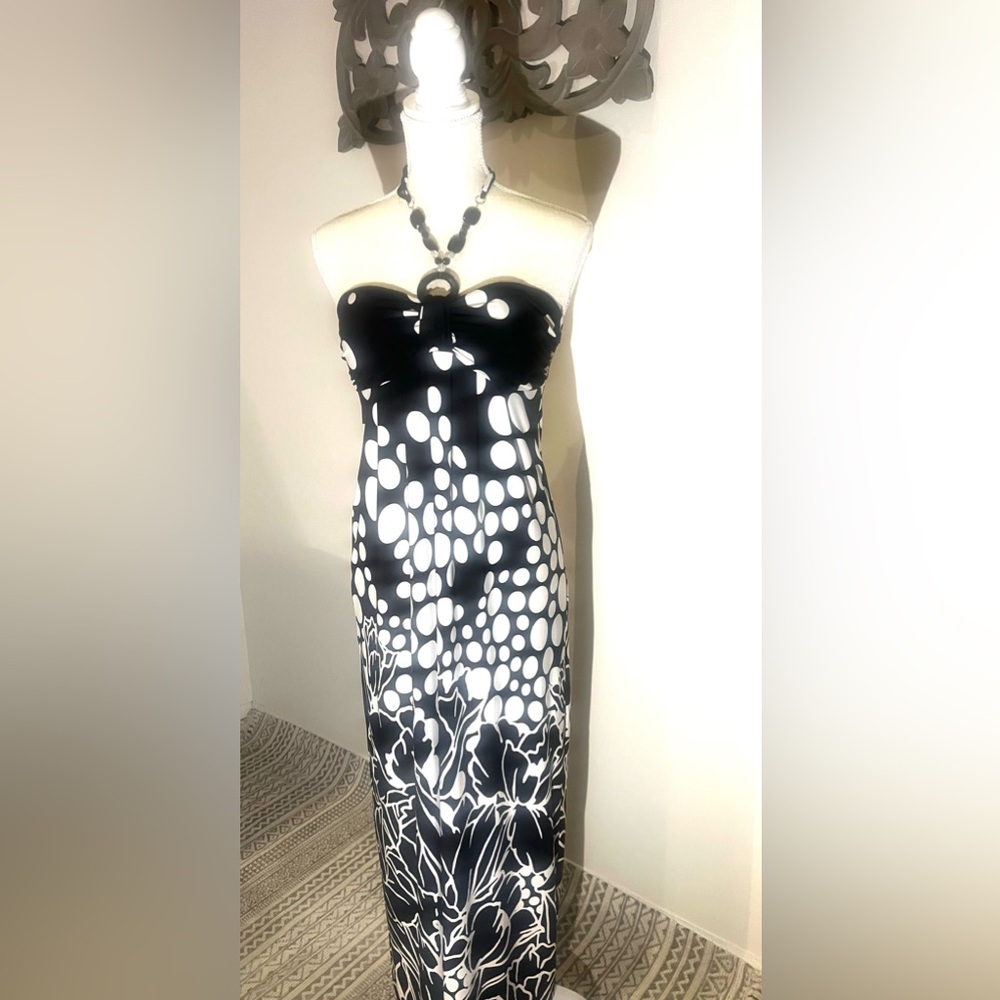 Black & White Floral Polka Dot Strapless Dress